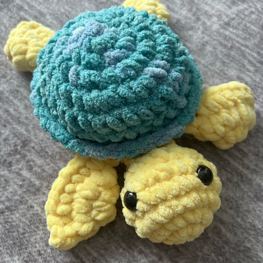 Handmade Crochet Plush Turtle Toy - Blue and Yellow with plastic safety eyes